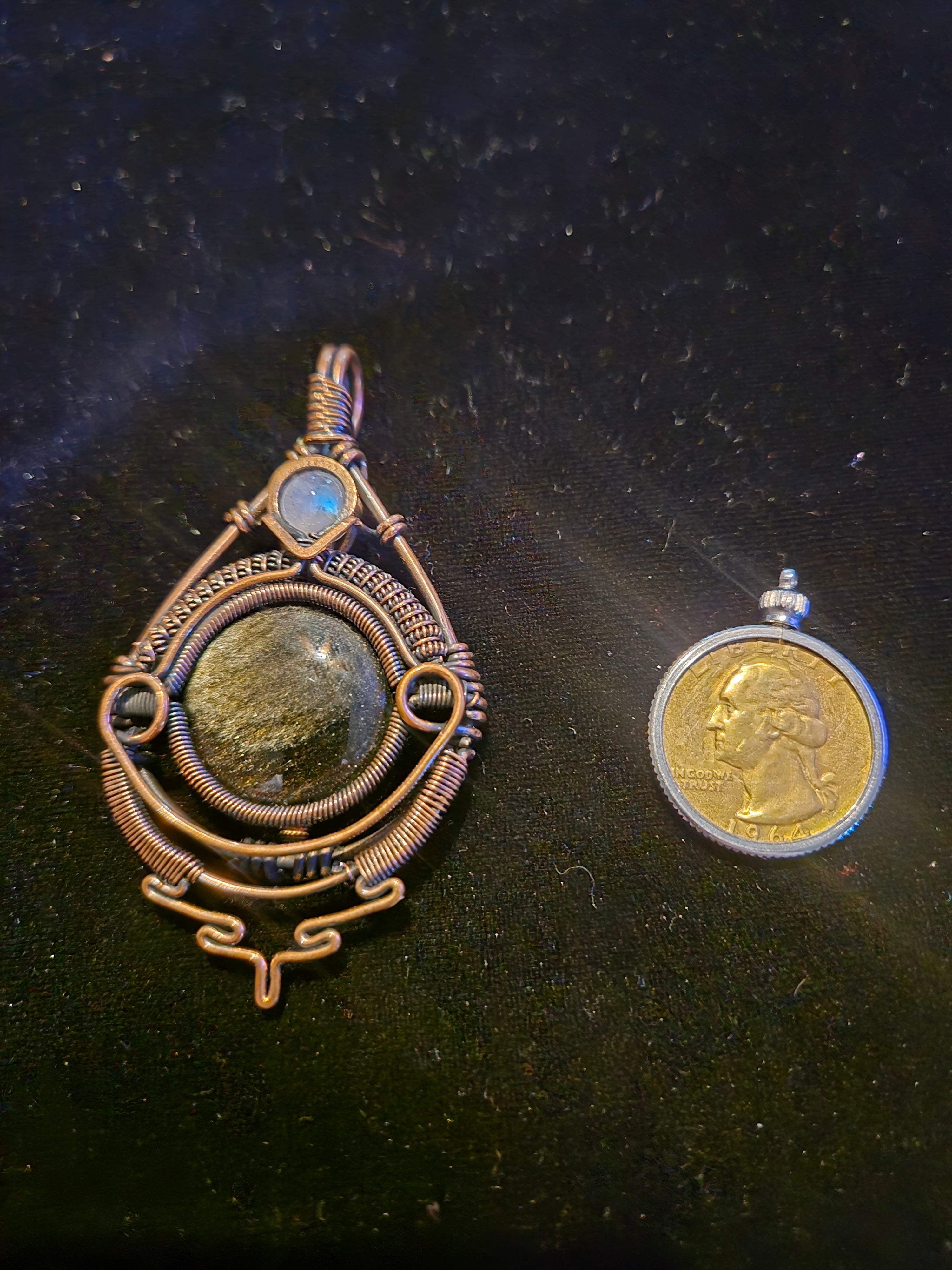 gold sheen obsidian and moonstone copper wire wrapped pendant